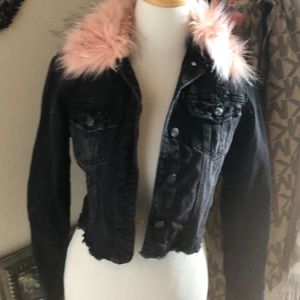 Blue Jean frayed jacket with pink fuzz collar